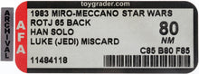 Load image into Gallery viewer, Star Wars 1983 Vintage Miro-Meccano ROTJ 65 Back Luke Jedi/Han Solo Miscard MOC AFA 80