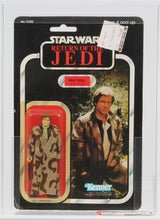 Load image into Gallery viewer, Star Wars 1984 Vintage Kenner ROTJ 77 Back A Han Trench Coat Camo Lapel MOC AFA Y-75