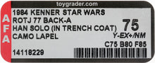 Load image into Gallery viewer, Star Wars 1984 Vintage Kenner ROTJ 77 Back A Han Trench Coat Camo Lapel MOC AFA Y-75